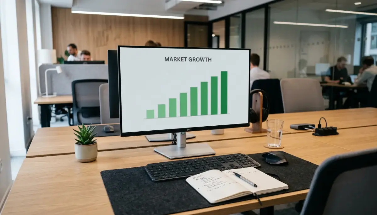 Moderní kancelářské prostředí s grafy a daty o českém trhu hazardních her na monitoru